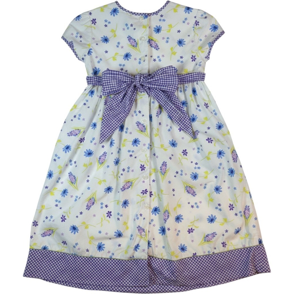 Lands' End Vtg Floral Gingham Dress Girls 7 White Purple Buttons Cottagecore